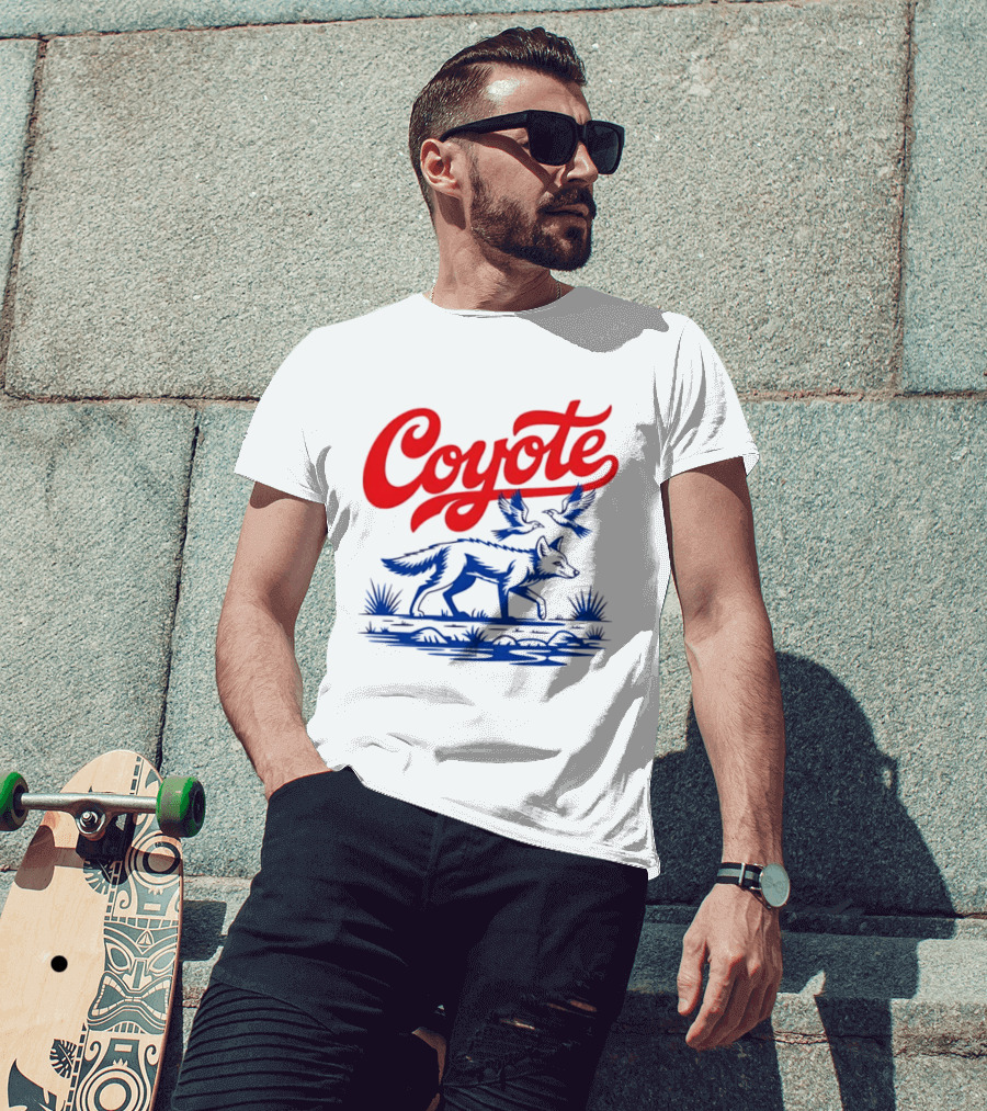 Coyote With Birds In Desert Scene Wild Western Desert T-Shirt