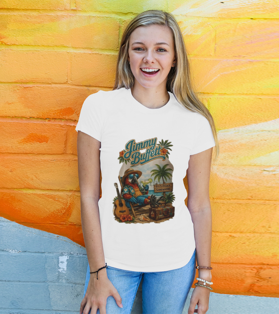 Jimmy Buffett It's 5 O' Somewhere Tropical Parrot Beach Guitar Cocktails Palm Trees T-Shirt