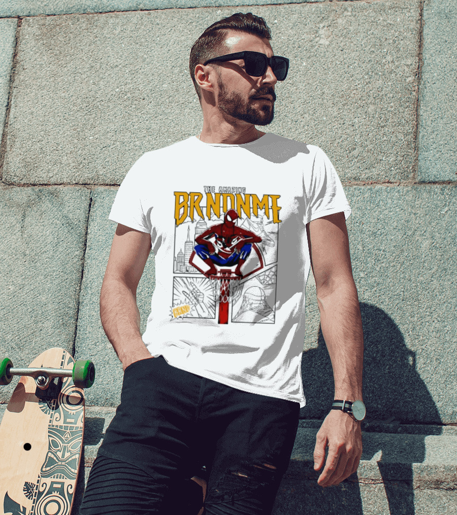 The Amazing Brndnme Spider Man Squatting On Basketball Hoop Cityscape Comic Panels T-Shirt
