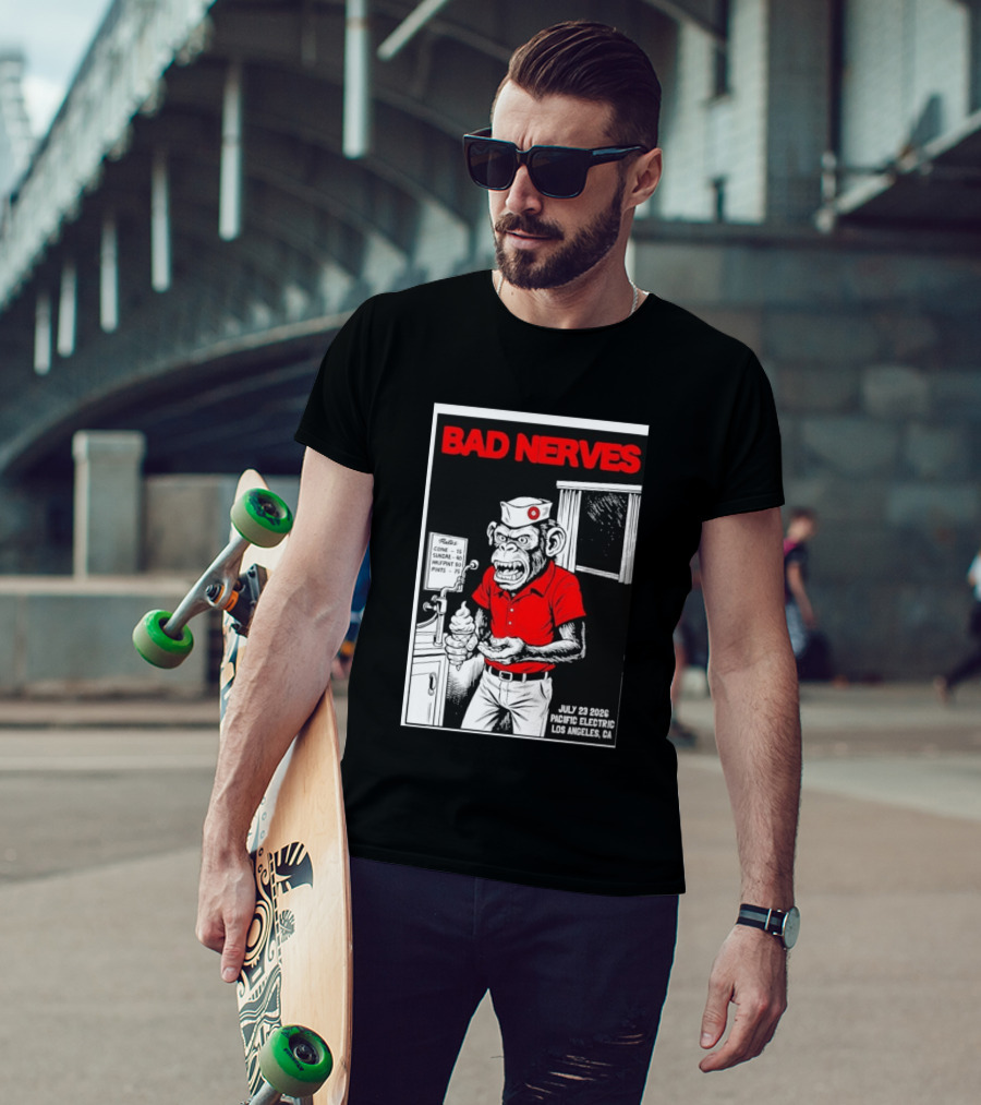 Bad Nerves July 23 2026 Pacific Electric Los Angeles Monkey Ice Cream Server Comic T-Shirt