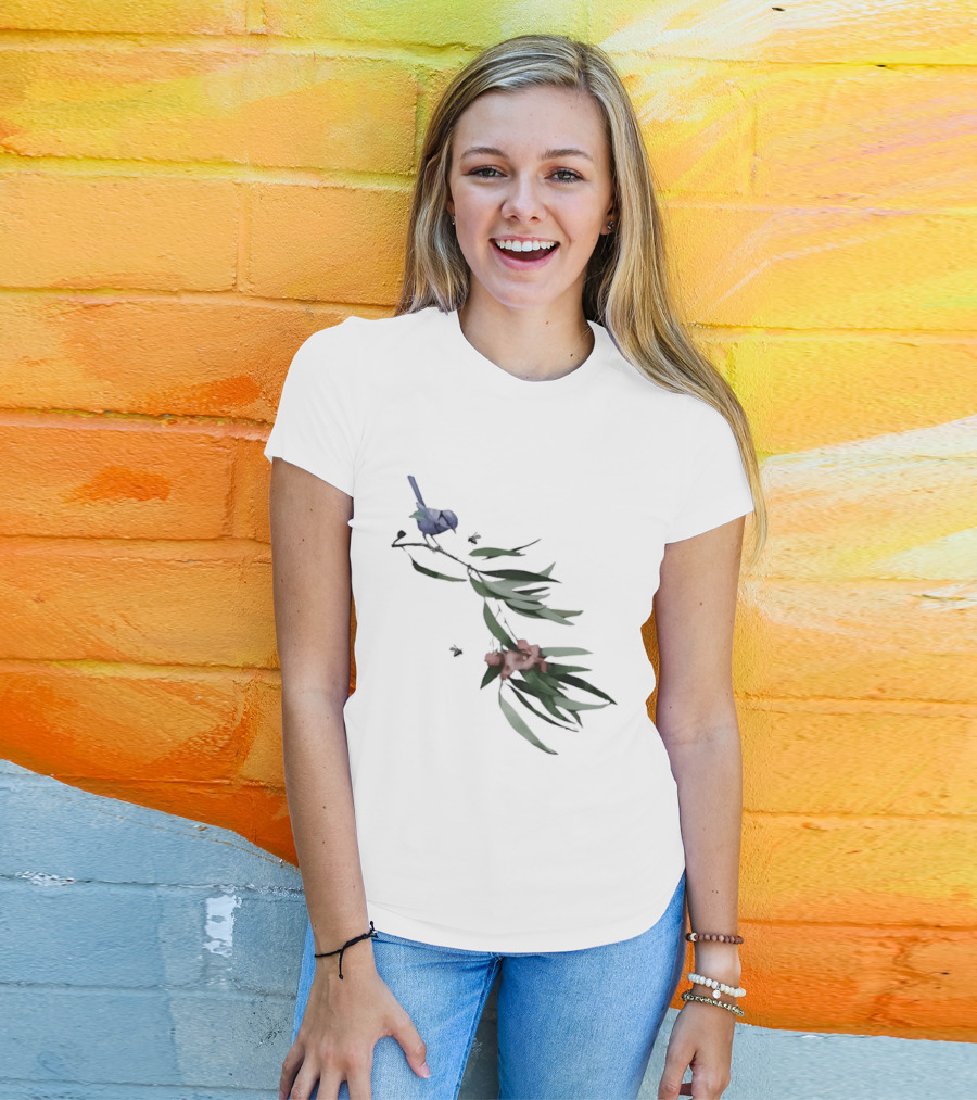 Blue Wren On Eucalyptus Branch With Red Blossoms Bird T-Shirt