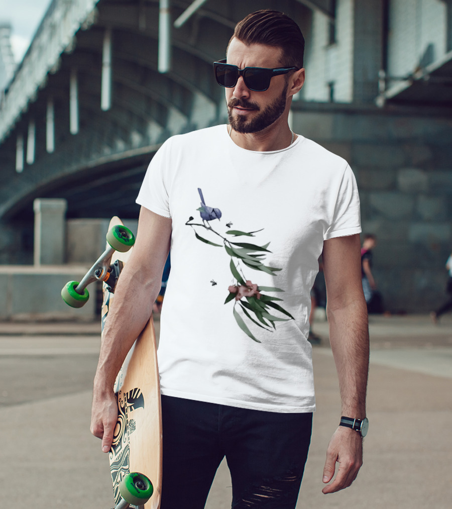 Blue Wren On Eucalyptus Branch With Red Blossoms Bird T-Shirt