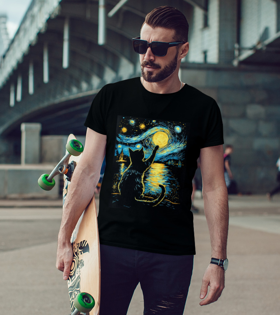 Cat Reaching For The Moon Starry Night Van Gogh Inspired Scene T-Shirt