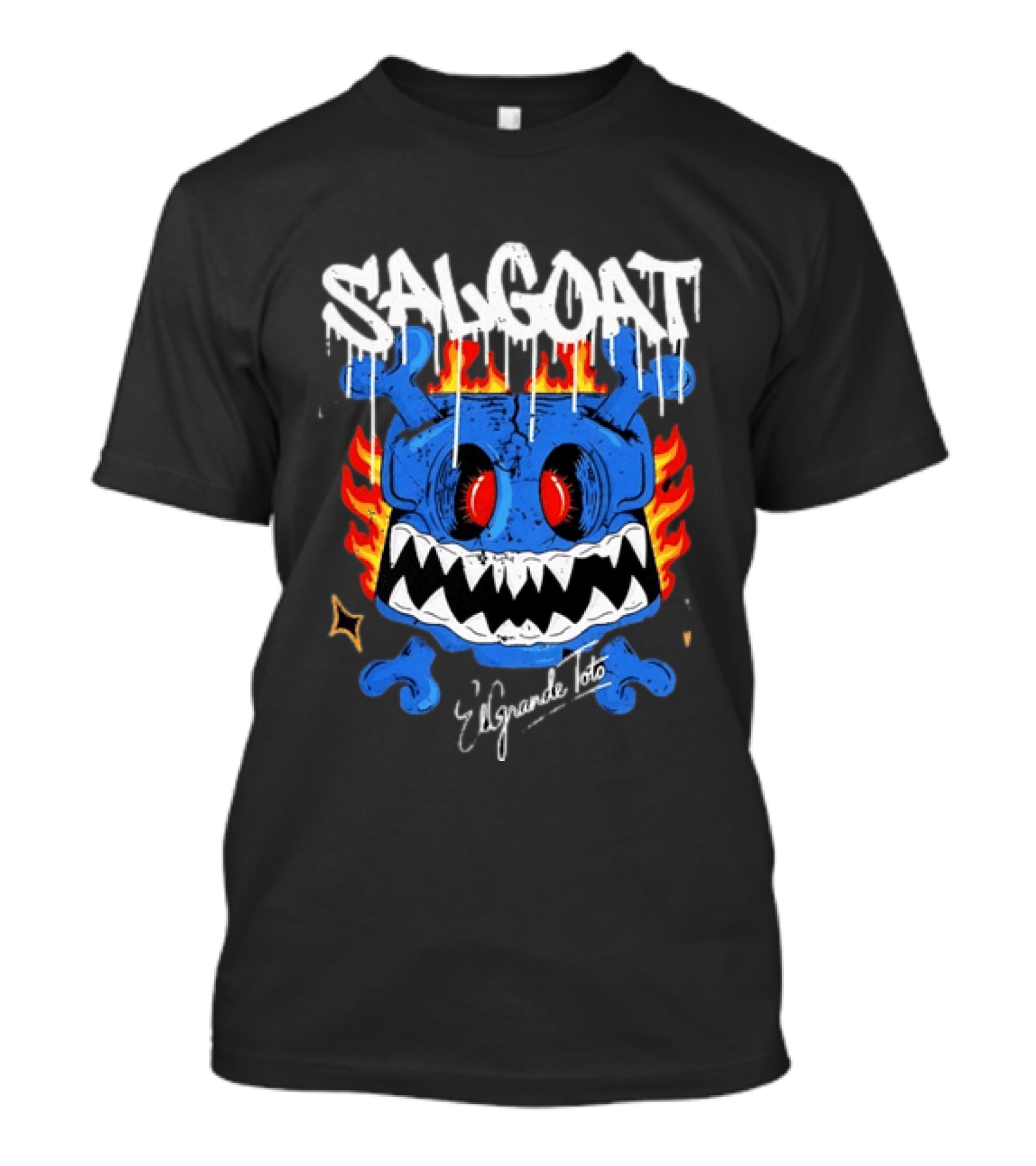 ElGrandeToto Salgoat Hip Hop Streetwear Blue Skull Flame T-Shirt