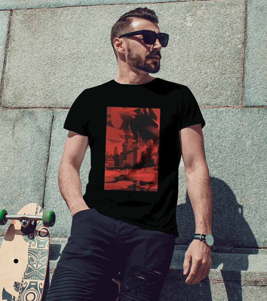 The Barbarians Of California Megatons Pull Retro Futuristic Cityscape Airships T-Shirt