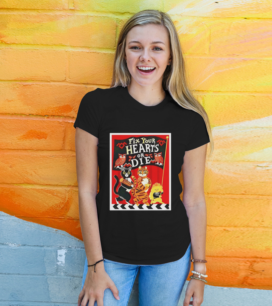 Twin Peaks Cats Fix Your Hearts Or Die David Lynch Owls Red Banner T-Shirt
