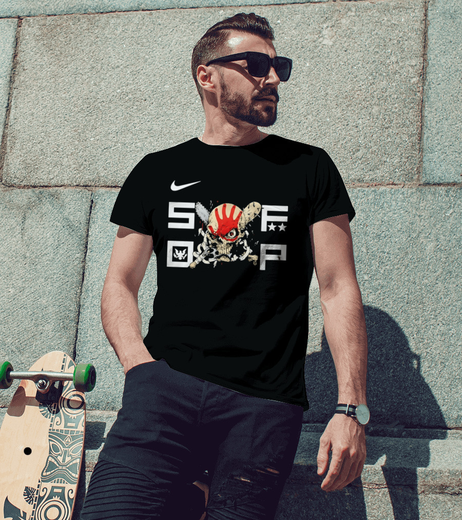 SDFP Skull Chains Brass Knuckles Design With Nike Logo And Red Handprint T-Shirt