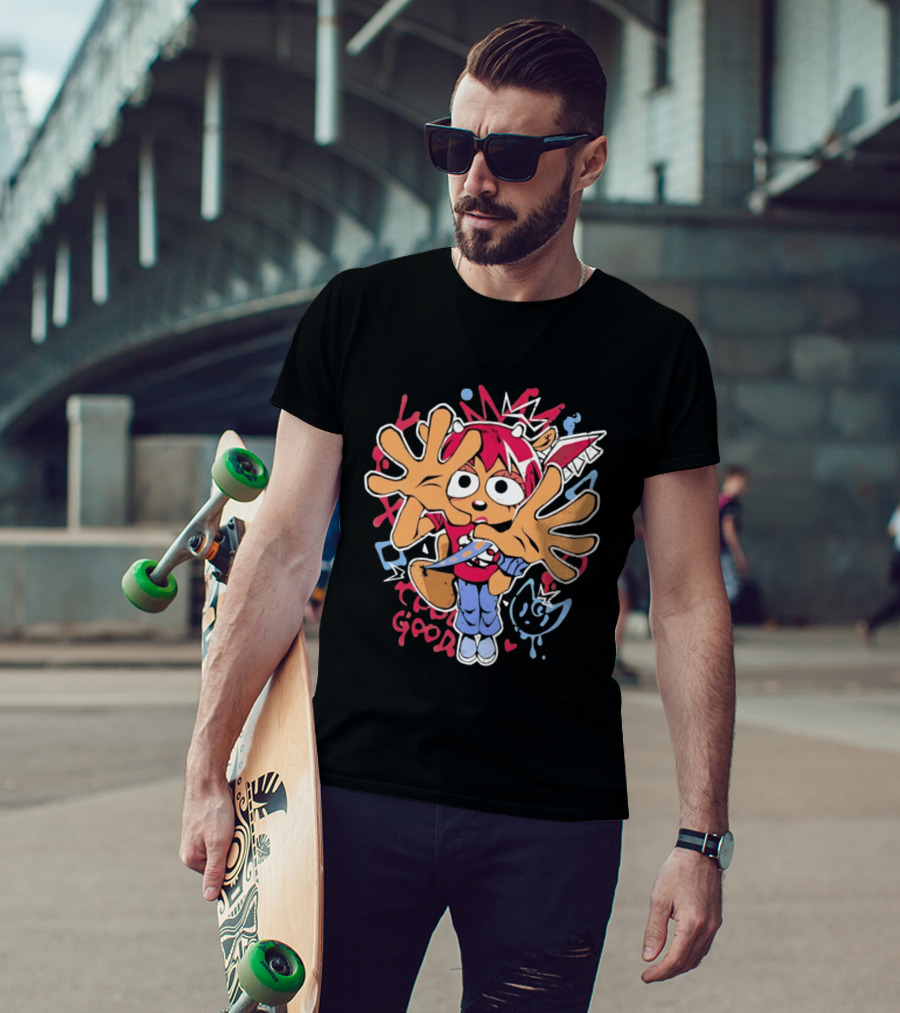 True Good Anime Distressed Graffiti Cartoon Character With Red Hair And Large Hands T-Shirt