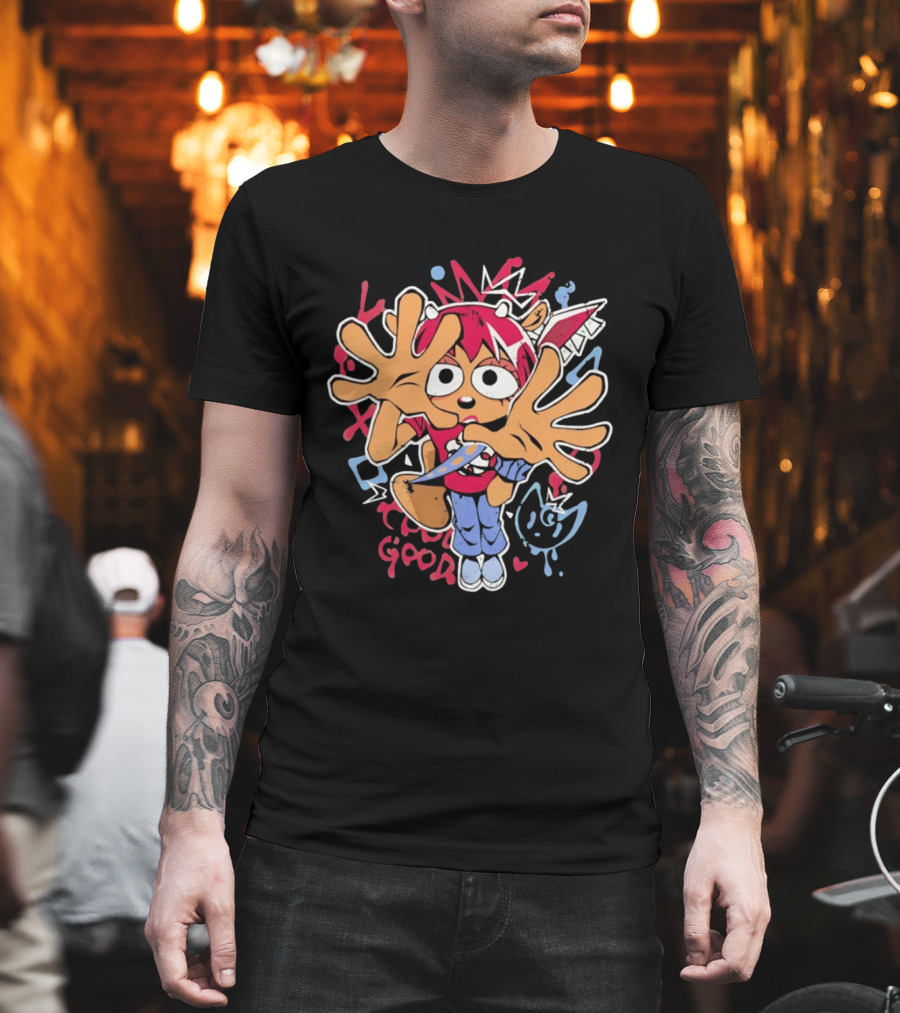 True Good Anime Distressed Graffiti Cartoon Character With Red Hair And Large Hands T-Shirt