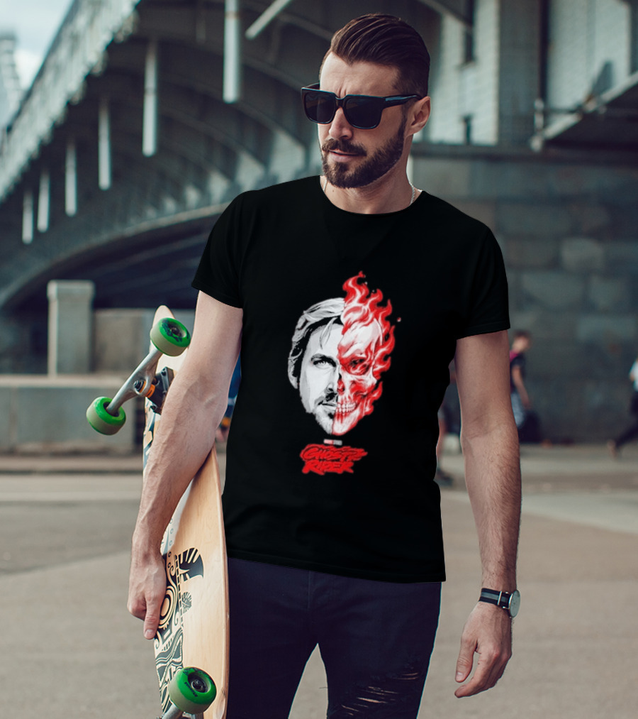 Ryan Gosling Ghost Rider 2028 Split Face Fiery Skull T-Shirt