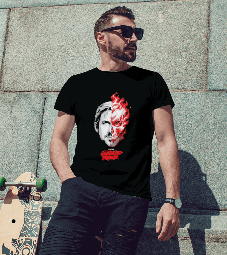 Ryan Gosling Ghost Rider 2028 Split Face Fiery Skull T-Shirt