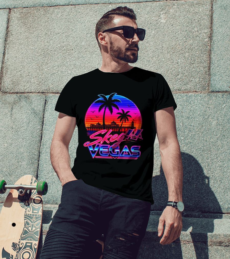 Skeg Vegas Beach Pier Sunset Skegness Retro Neon T-Shirt