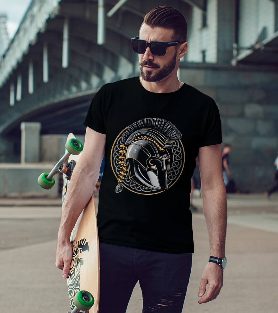 Spartan Helmet Celtic Knot Motif With Braided Spinal Column T-Shirt