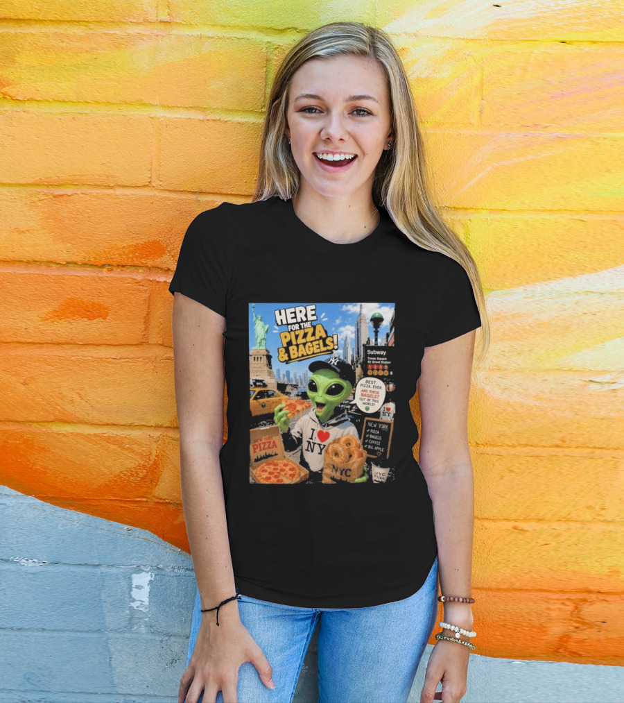 NYC Alien Loves Pizza And Bagels With Statue Of Liberty And Times Square Subway T-Shirt