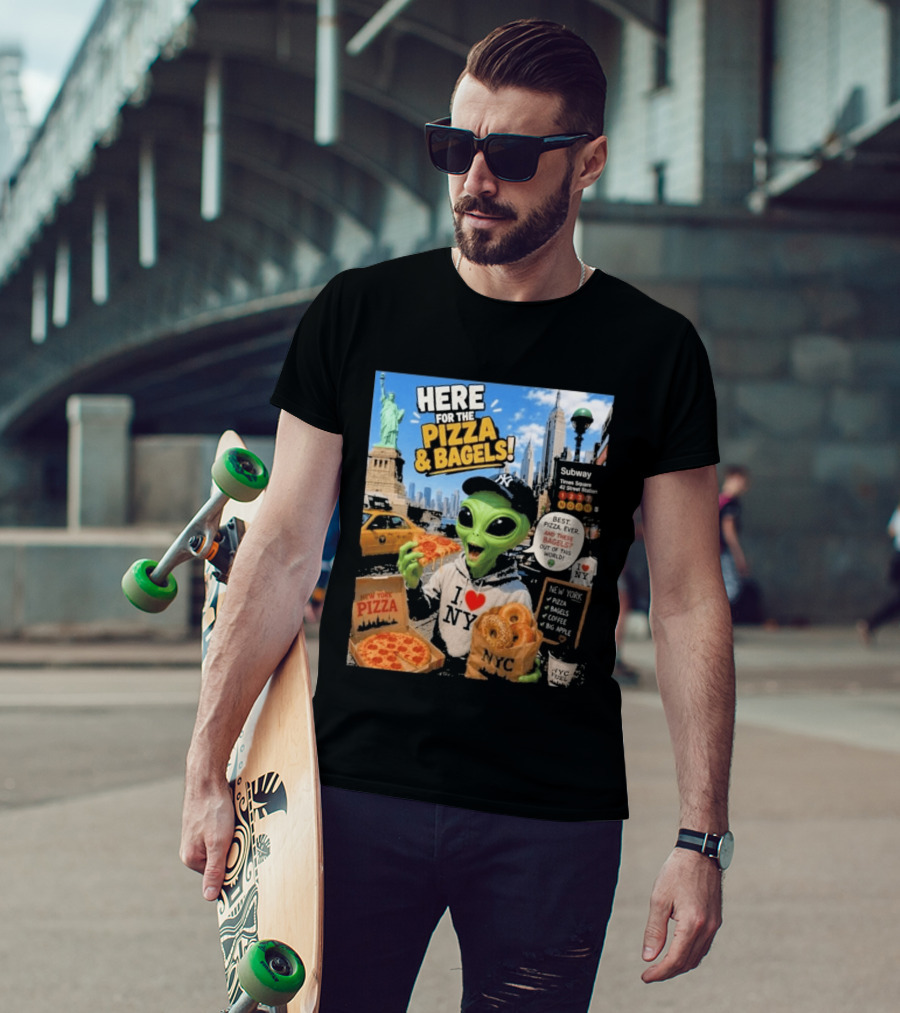 NYC Alien Loves Pizza And Bagels With Statue Of Liberty And Times Square Subway T-Shirt