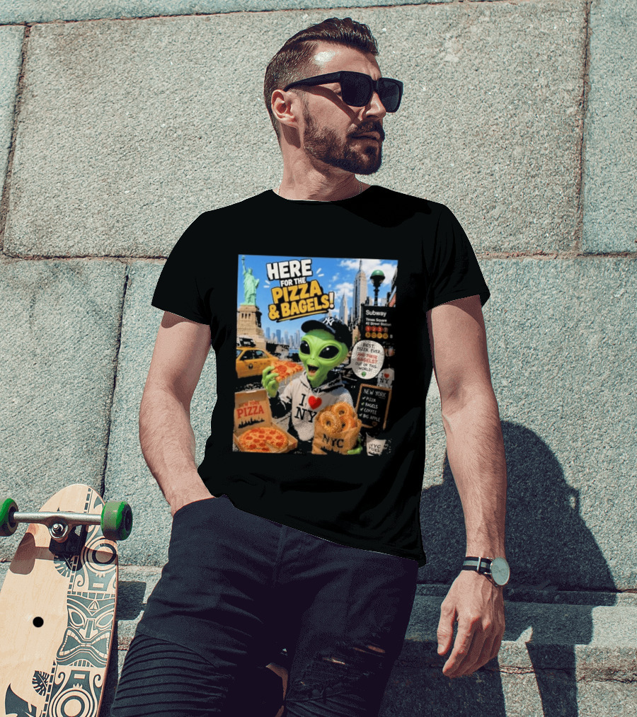 NYC Alien Loves Pizza And Bagels With Statue Of Liberty And Times Square Subway T-Shirt