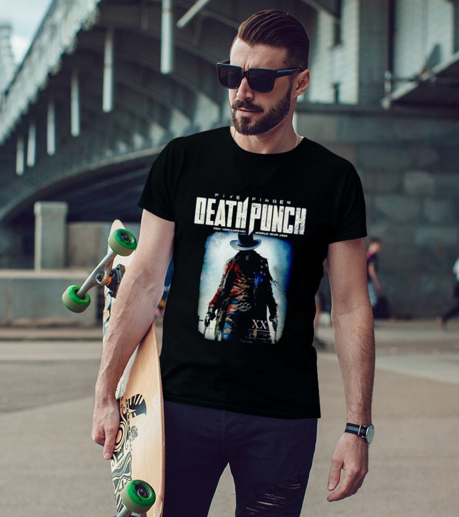 Five Finger Death Punch 20th Anniversary World Tour 2026 Cowboy Imagery With Knuckle Duster And Pistols T-Shirt