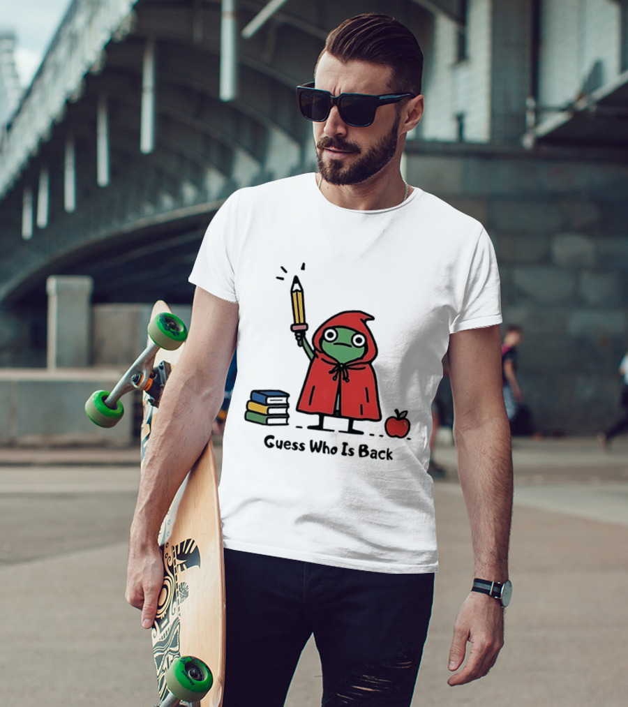 Guess Who Is Back Frog In Red Cape With Pencil Books And Apple T-Shirt