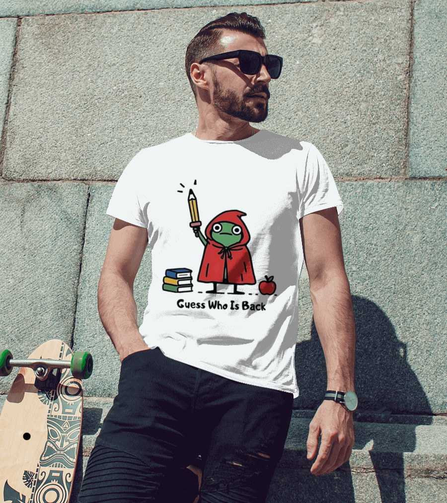 Guess Who Is Back Frog In Red Cape With Pencil Books And Apple T-Shirt