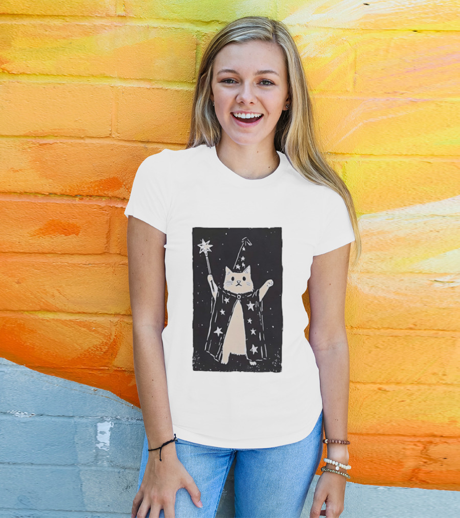 The Magician Cat Tarot Card Wizard Hat Starry Cloak Magic Wand T-Shirt