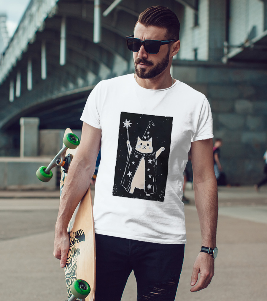 The Magician Cat Tarot Card Wizard Hat Starry Cloak Magic Wand T-Shirt