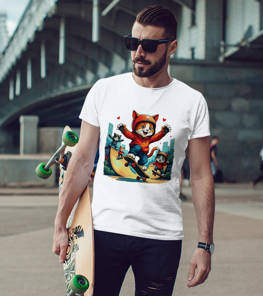 Skateboarding Cats In Helmets With Hearts And Cityscape T-Shirt
