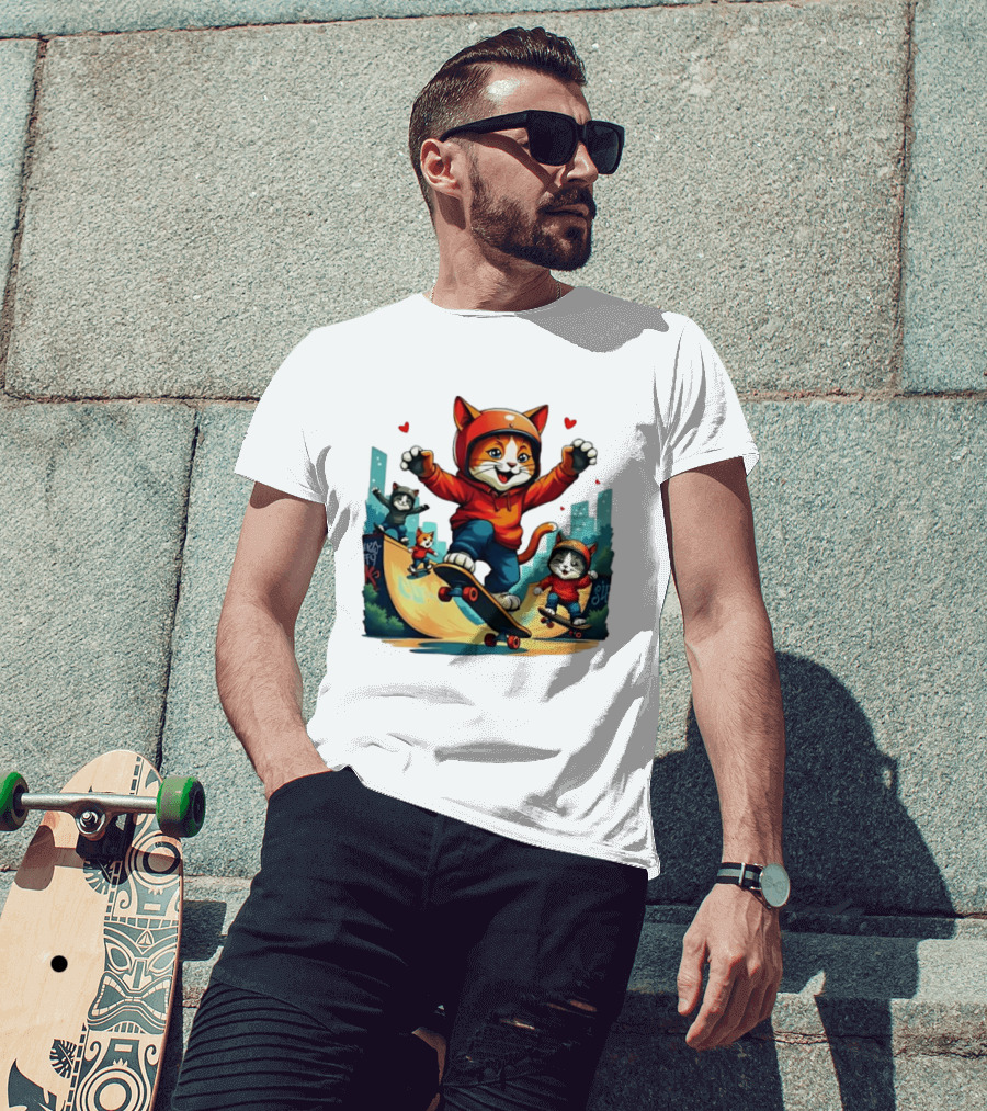 Skateboarding Cats In Helmets With Hearts And Cityscape T-Shirt