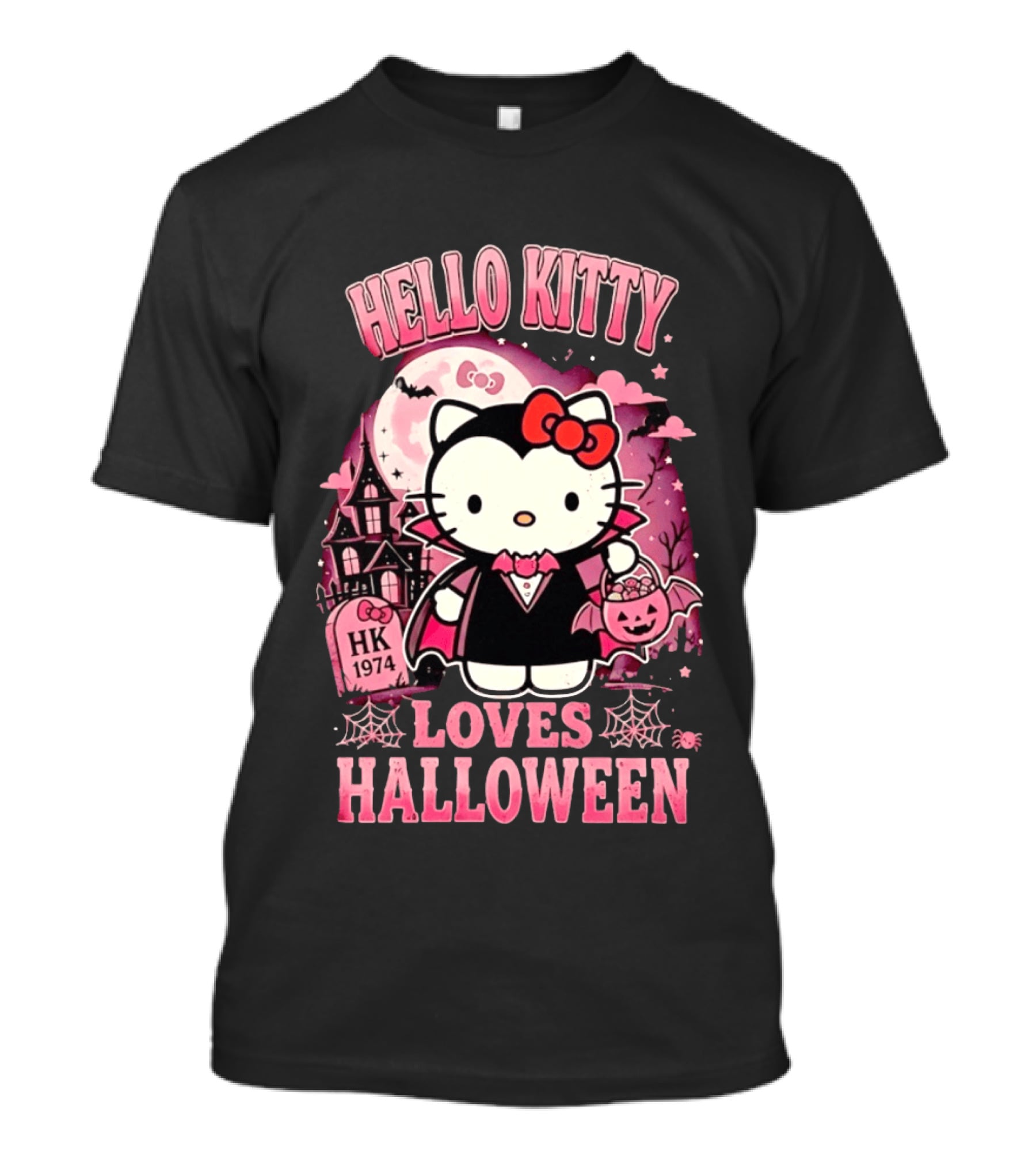 Hello Kitty Loves Halloween Vampire Costume Pink Bats And Haunted House T-Shirt