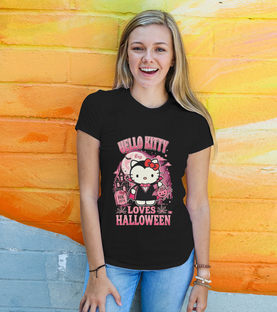 Hello Kitty Loves Halloween Vampire Costume Pink Bats And Haunted House T-Shirt