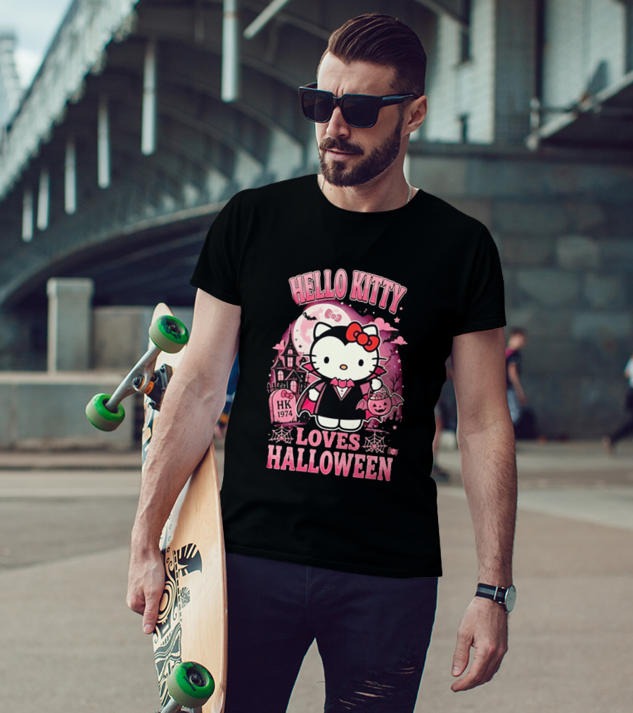 Hello Kitty Loves Halloween Vampire Costume Pink Bats And Haunted House T-Shirt