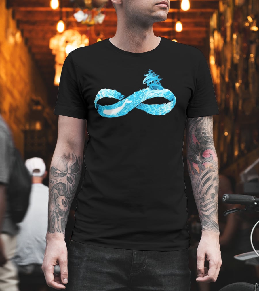 Infinity Symbol With Whale Swimming Beneath Sailing Ship Formed By Ocean Waves T-Shirt