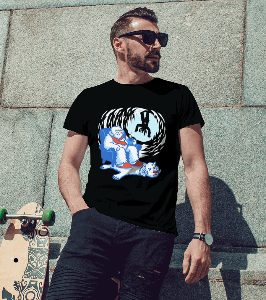 Yeti Relaxing In A Chair With Hot Drink And Abominable Snowman Rug T-Shirt