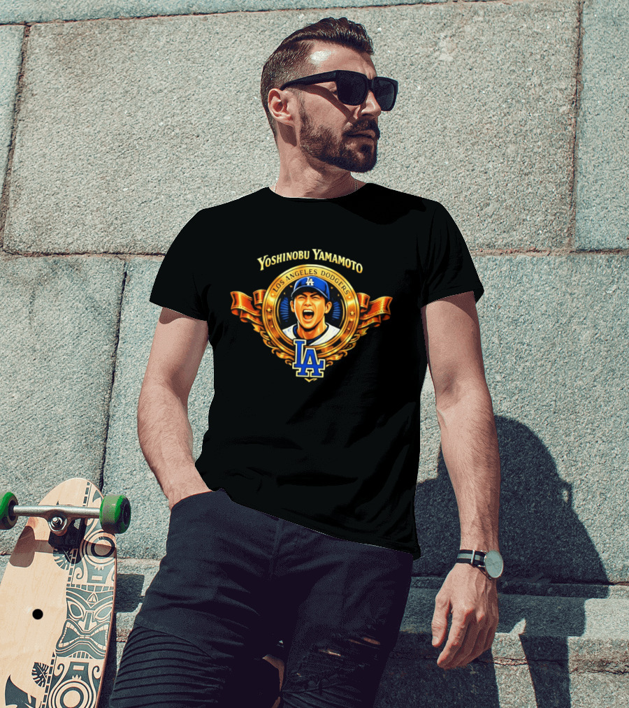 Yoshinobu Yamamoto Los Angeles Dodgers LA Gold Crest T-Shirt