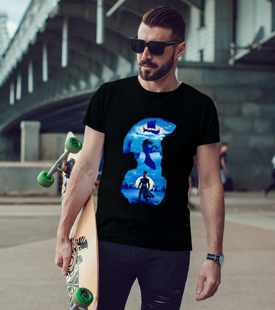Spartan Warrior With Trojan Horse And Ancient Ship In Mythical Blue Scene T-Shirt