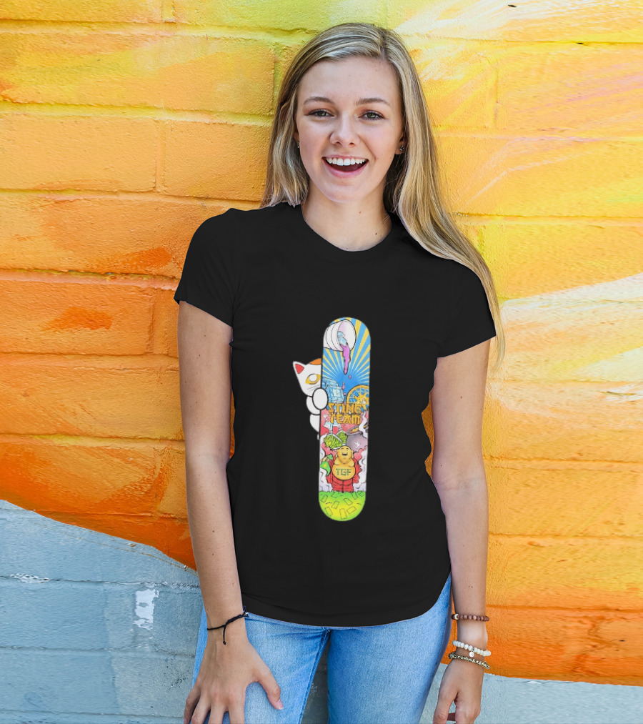 Stinc Team TGF Buddha Cat With Skateboard And Dripping Paint Aesthetic T-Shirt
