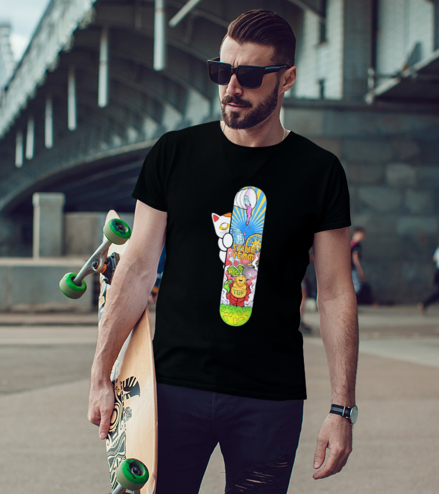 Stinc Team TGF Buddha Cat With Skateboard And Dripping Paint Aesthetic T-Shirt