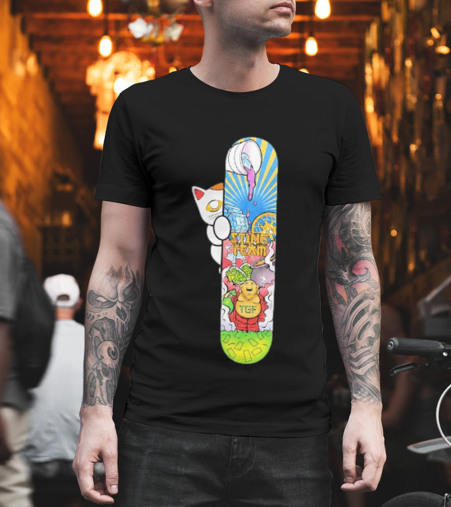 Stinc Team TGF Buddha Cat With Skateboard And Dripping Paint Aesthetic T-Shirt
