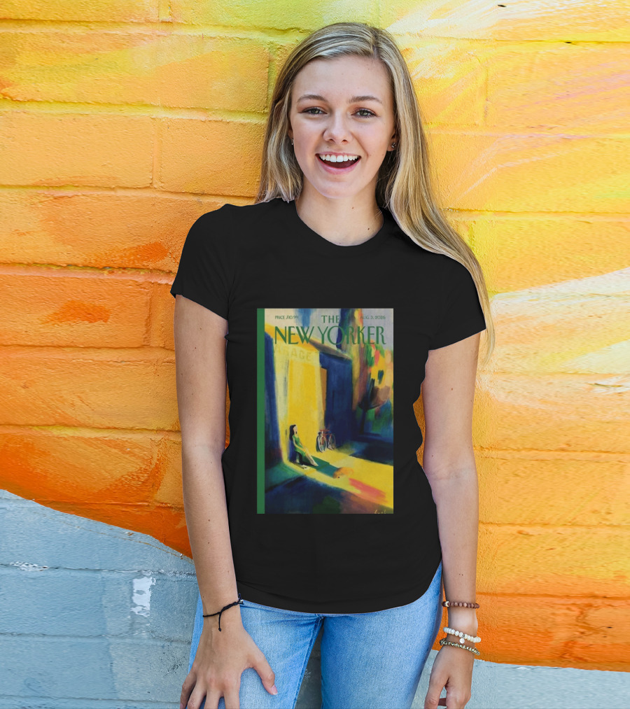 The New Yorker August 3 2026 Pierre Emmanuel Lyet Cover Art Female Figure With Bicycle In Vibrant Alley Scene T-Shirt