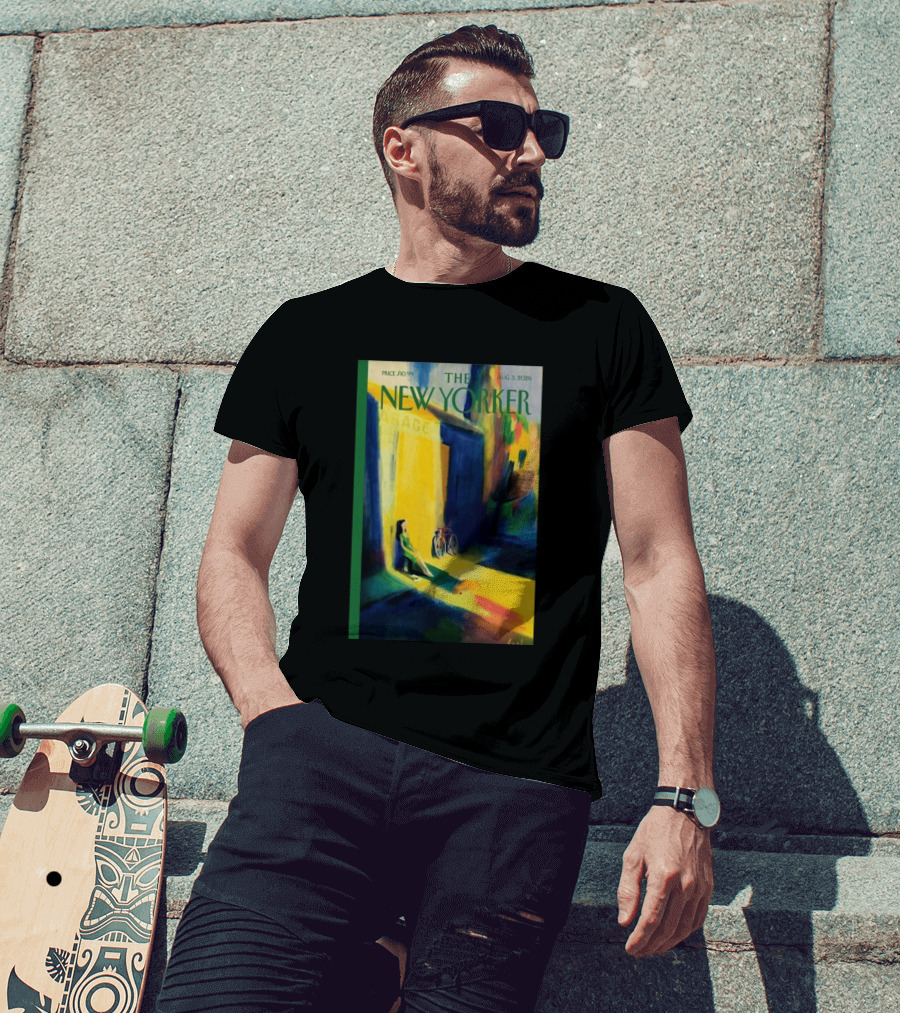The New Yorker August 3 2026 Pierre Emmanuel Lyet Cover Art Female Figure With Bicycle In Vibrant Alley Scene T-Shirt