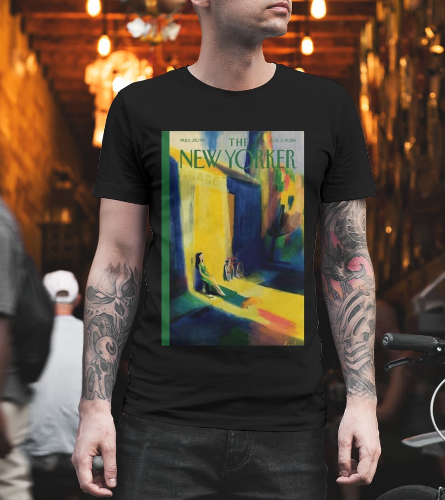 The New Yorker August 3 2026 Pierre Emmanuel Lyet Cover Art Female Figure With Bicycle In Vibrant Alley Scene T-Shirt