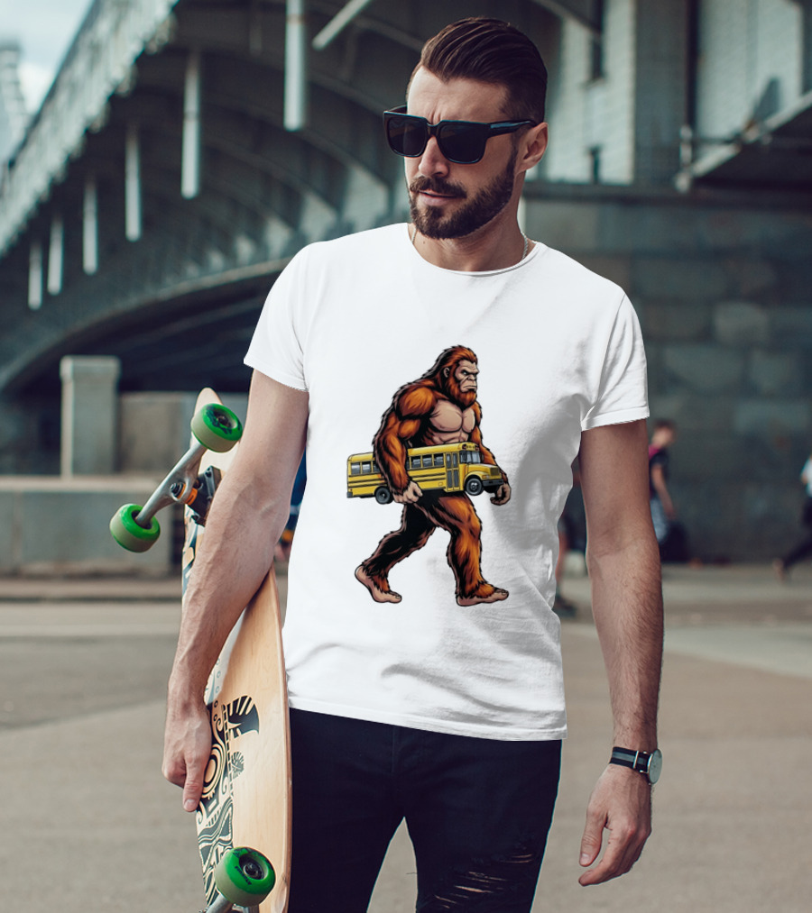 Bigfoot Sasquatch Carrying Yellow School Bus T-Shirt