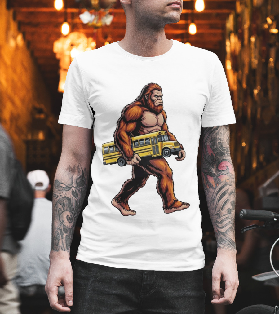Bigfoot Sasquatch Carrying Yellow School Bus T-Shirt