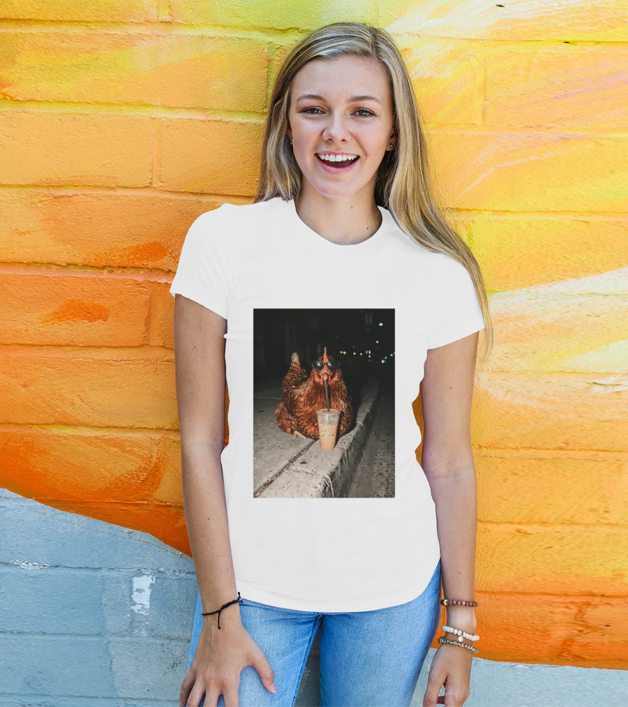 Chicken Wearing Sunglasses Drinking Iced Coffee At Night T-Shirt