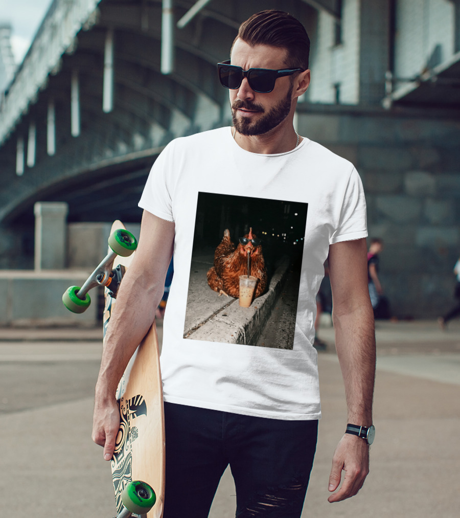 Chicken Wearing Sunglasses Drinking Iced Coffee At Night T-Shirt