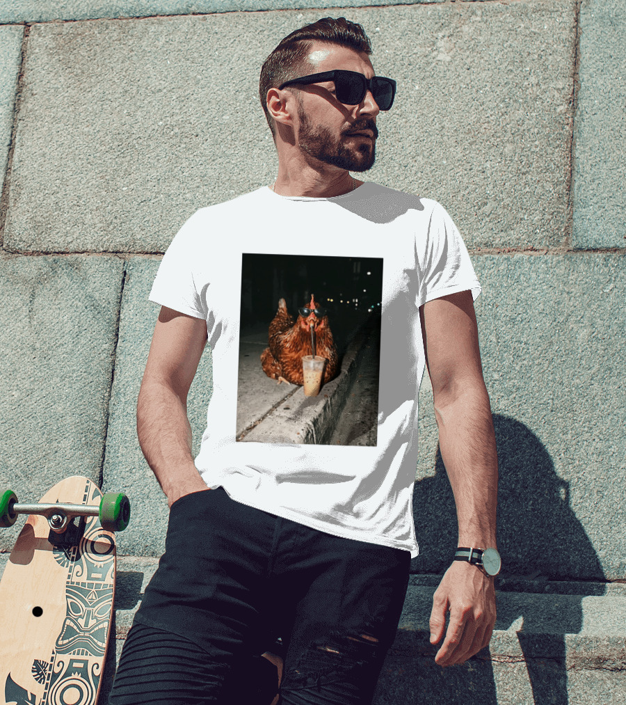 Chicken Wearing Sunglasses Drinking Iced Coffee At Night T-Shirt