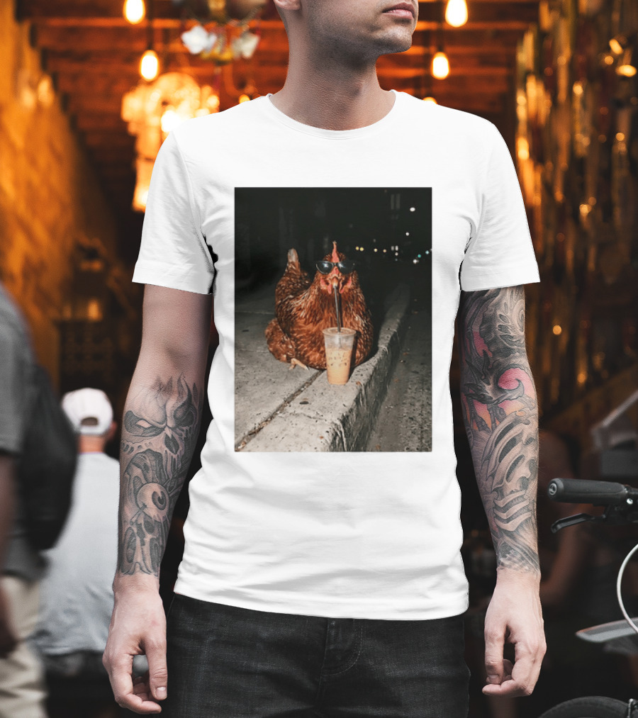 Chicken Wearing Sunglasses Drinking Iced Coffee At Night T-Shirt
