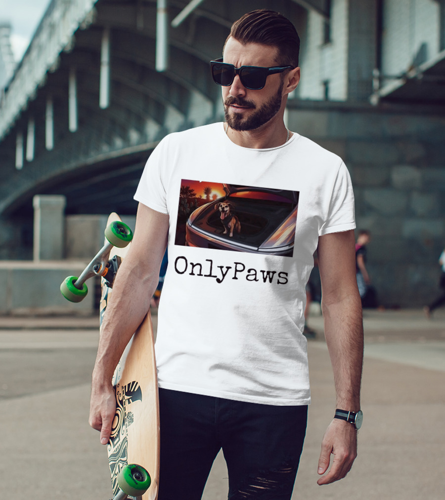 OnlyPaws Dog In Car Trunk At Sunset Desert Scene T-Shirt