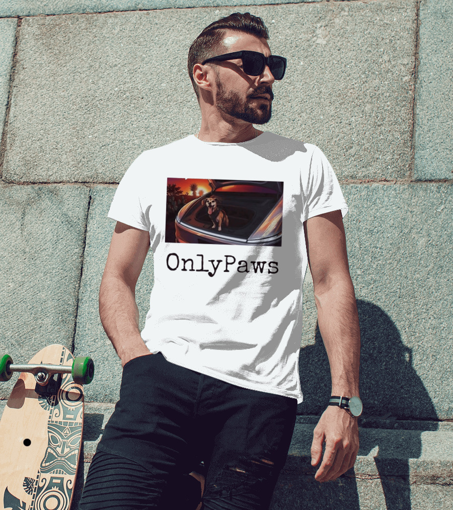 OnlyPaws Dog In Car Trunk At Sunset Desert Scene T-Shirt