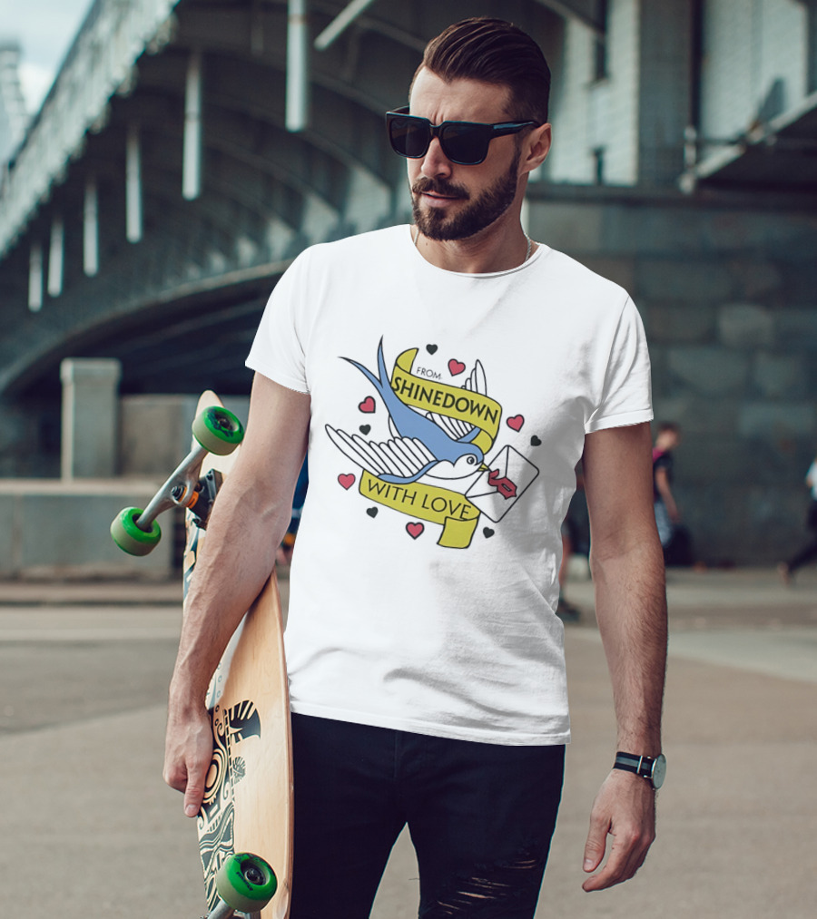 From Shinedown With Love Swallow Bird Carrying Letter Hearts Rock Music T-Shirt