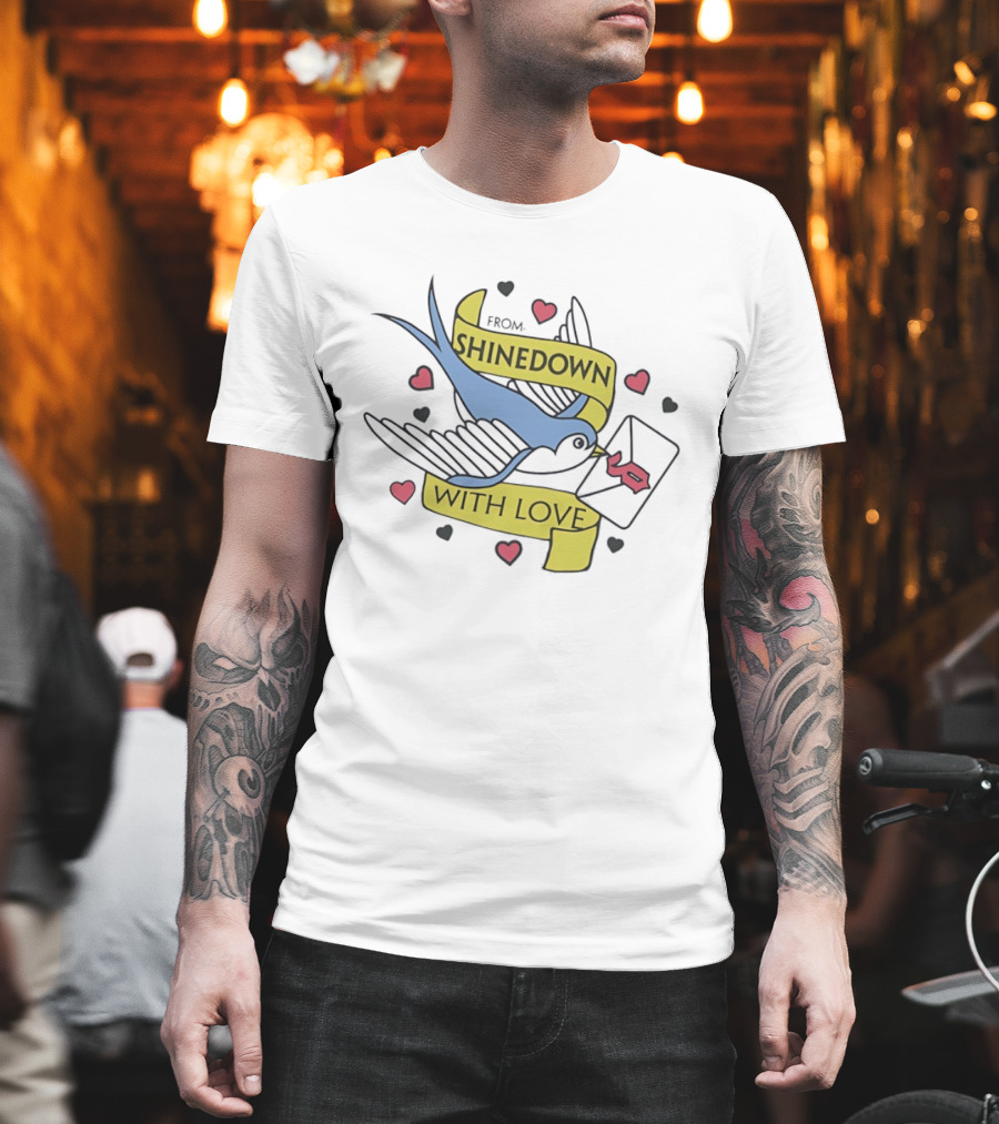 From Shinedown With Love Swallow Bird Carrying Letter Hearts Rock Music T-Shirt